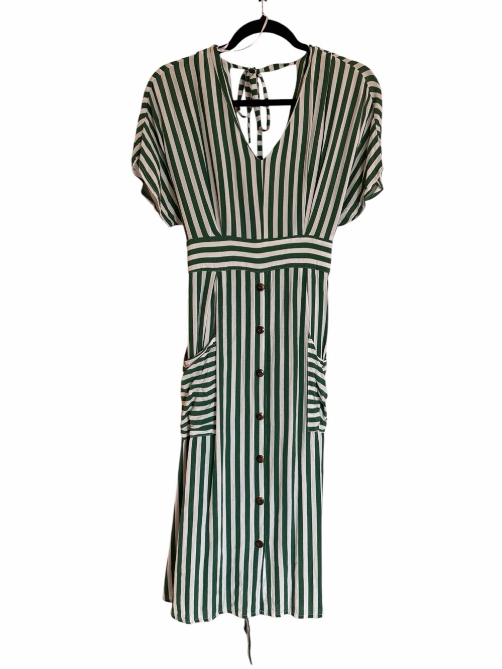 PHILOSOPHY Green and White Vertical Stripe Button-Down Midi Dress